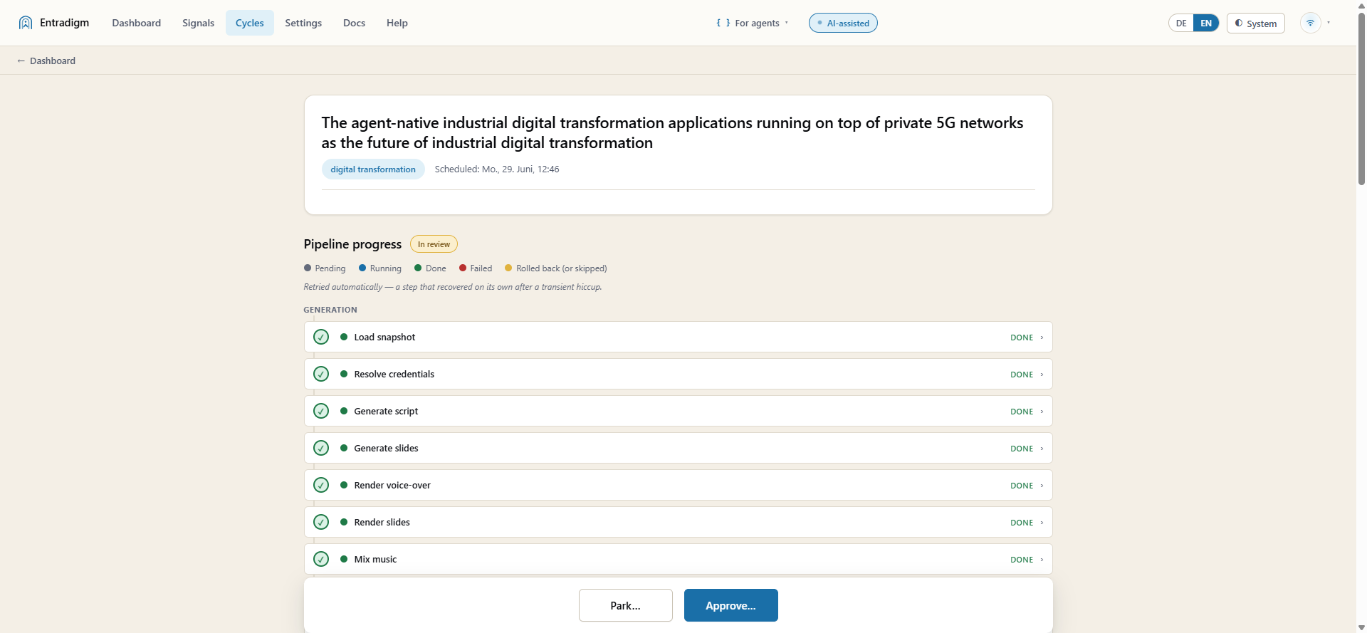 Entradigm Zyklus-Pipeline: zwölf Schritte von Snapshot bis Render, jeder Schritt mit Status.